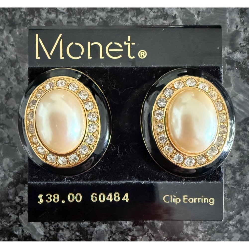 Monet Gold-Tone Faux Pearl & Crystal Oval Clip-On Earrings
